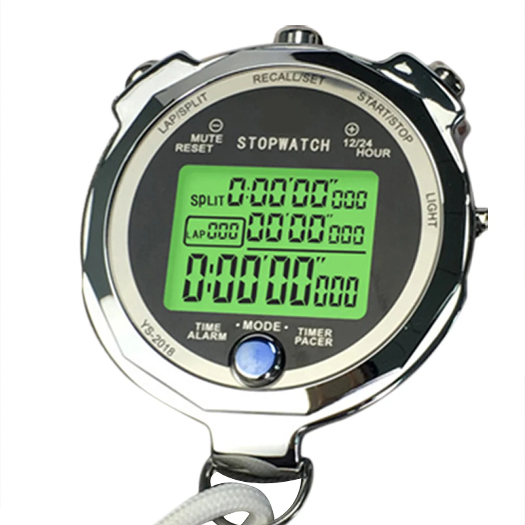 Portable Backlight Stopwatch Metal Athletic Training Timer 1/1000th Second 3 Lap Memory Digital Stop Watch