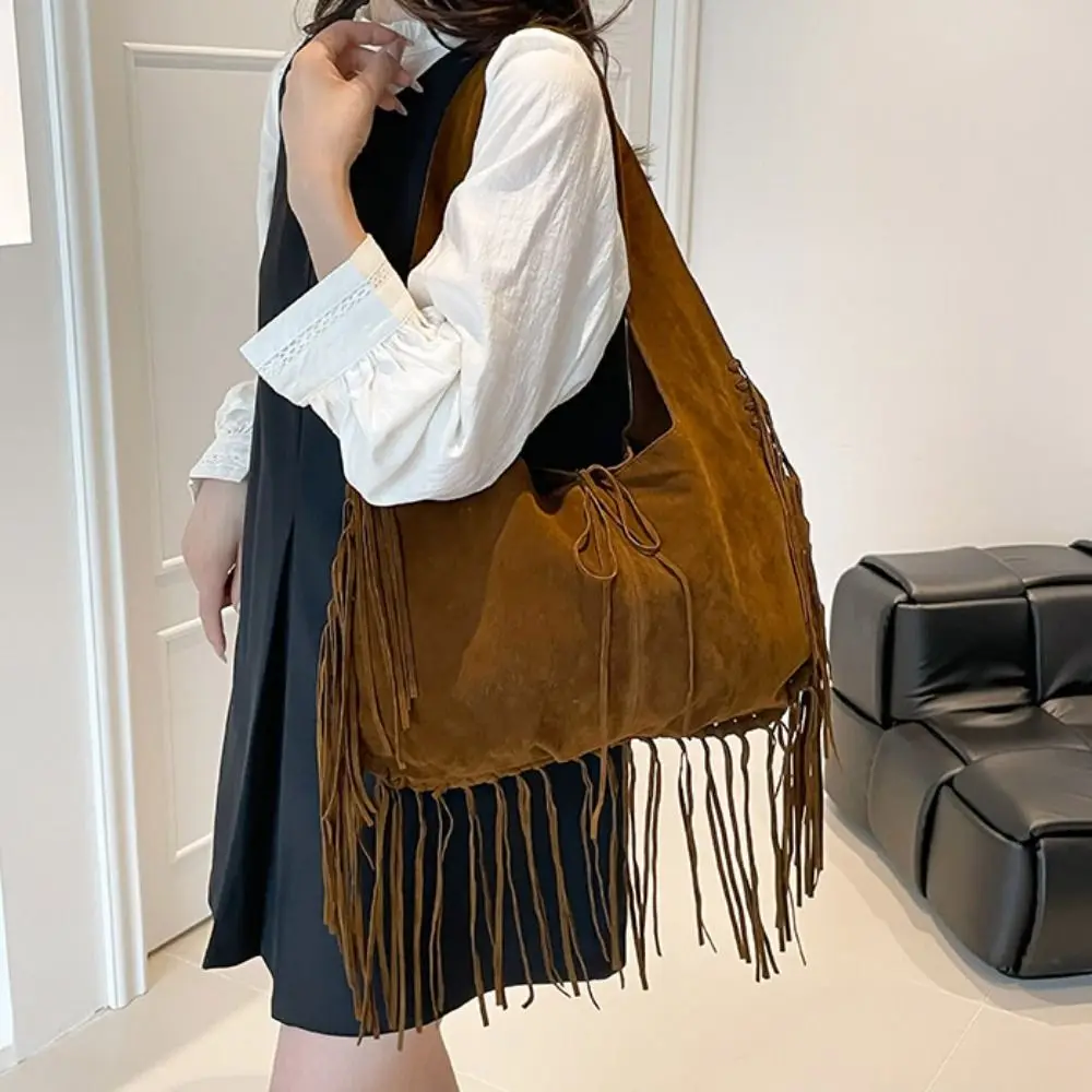 

Модная корейская стильная сумка на плечо с кисточками, большая сумка из искусственной кожи, замшевая сумка, большая вместительная однотонная сумка для подмышек, уличная сумка