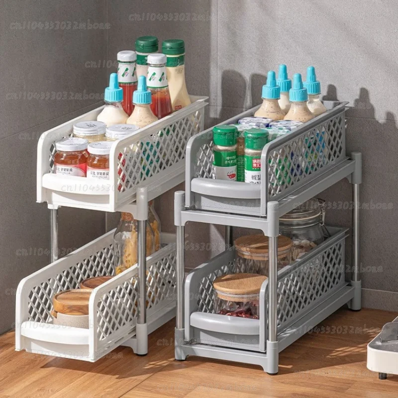 Sliding Sink Storage Rack Two Layer Kitchen Organizer Desktop Bathroom Seasoning Storage Hollow Out Design Versatile Shelf