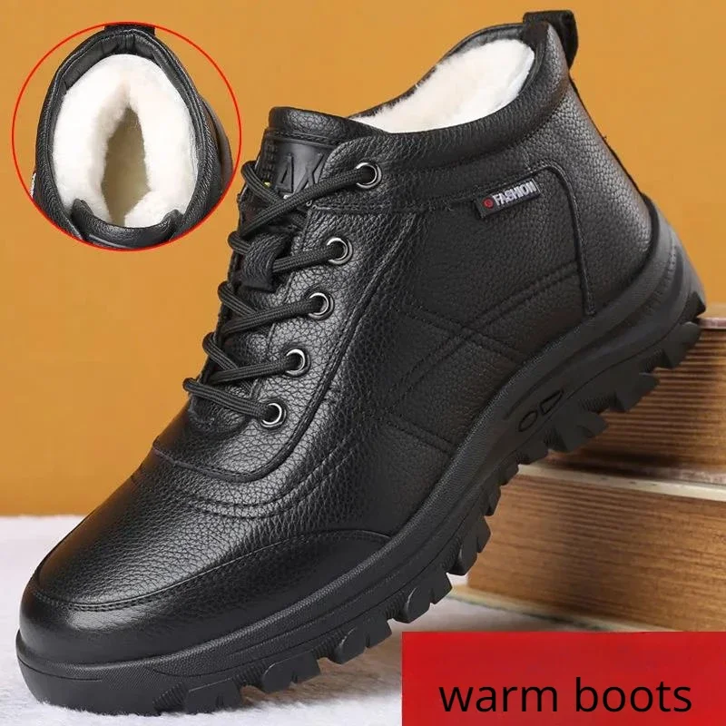 Winter Warm Ankle Boots Men Fashion Plush Cotton Shoes Man Thick Soft Leather Fur Casual Leather Shoes Middle-aged Dad Booties