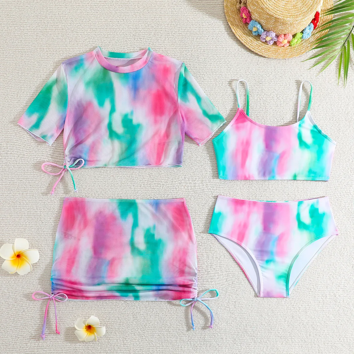 Girls 4pack Tie Dye Print High Waist Bikini Kids Swimsuit with Skirt 7-12 Years Children's Swimwear 2024 Teens Bathing Suit Swim