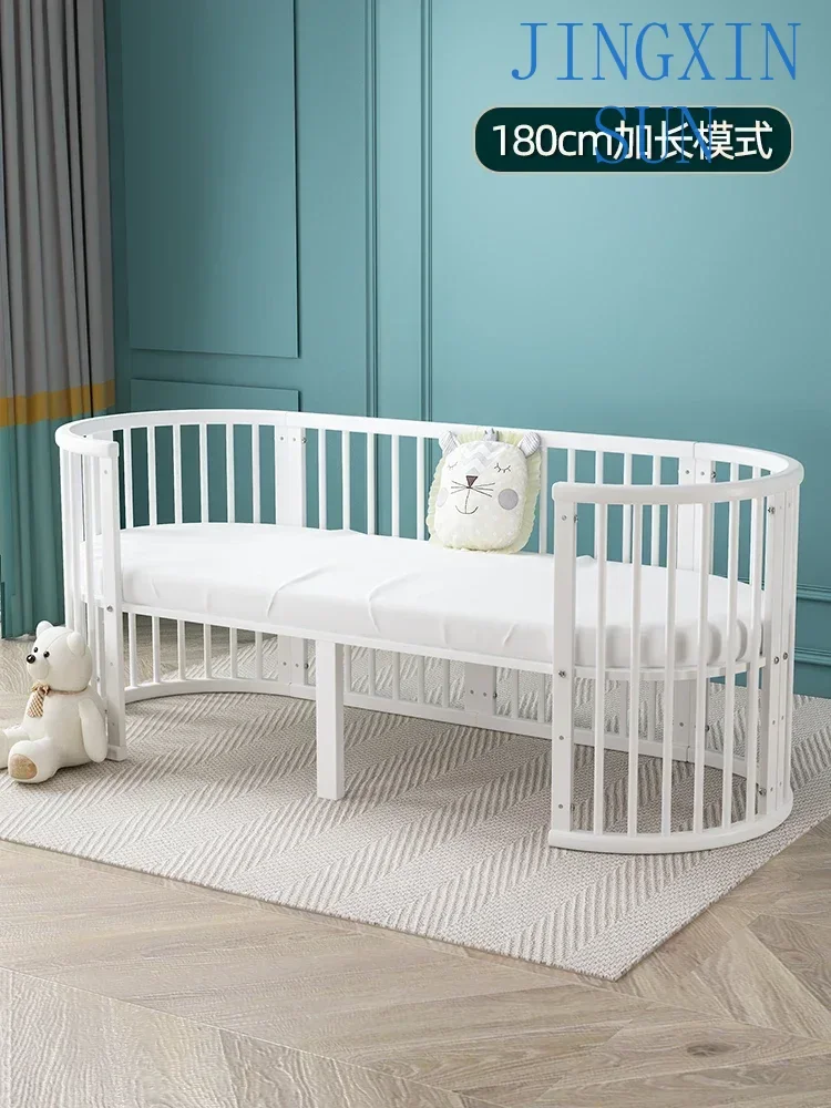 Square crib solid wood European splicing big bed movable newborn crib multifunctional small white round bed
