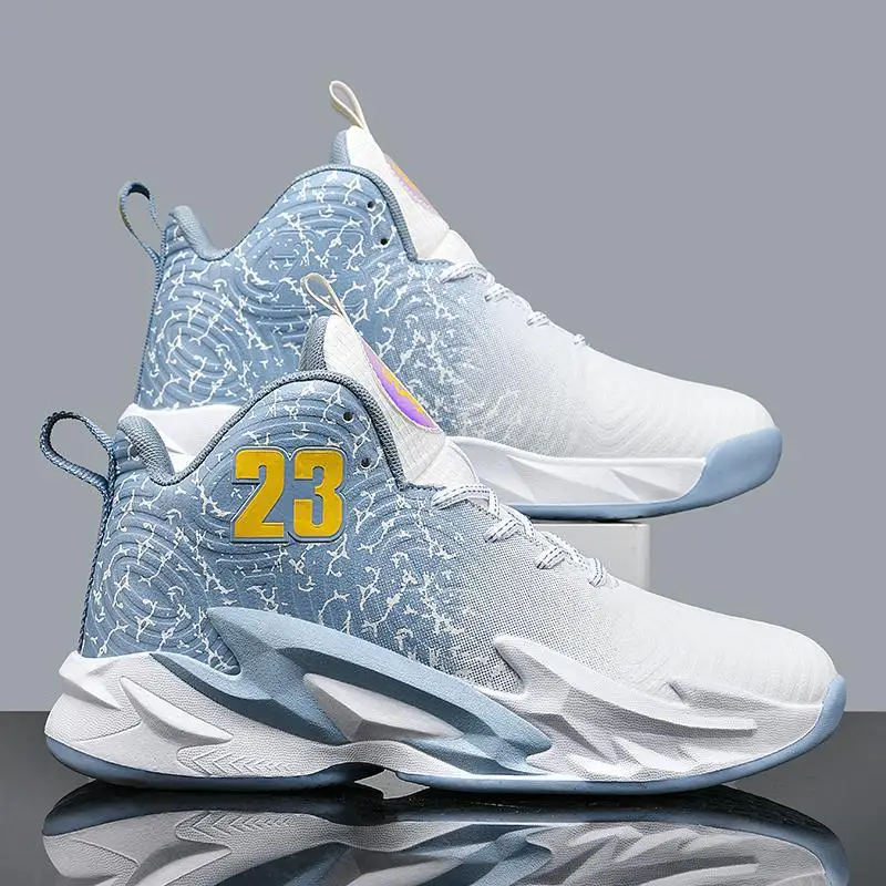 حذاء رياضي كاجوال للرجال عالي الجودة مطبوع عليه حروف منسوجة مقاس 2025 35 45 حذاء رياضي للجري في الهواء الطلق حذاء كرة السلة أبيض وأزرق ورمادي