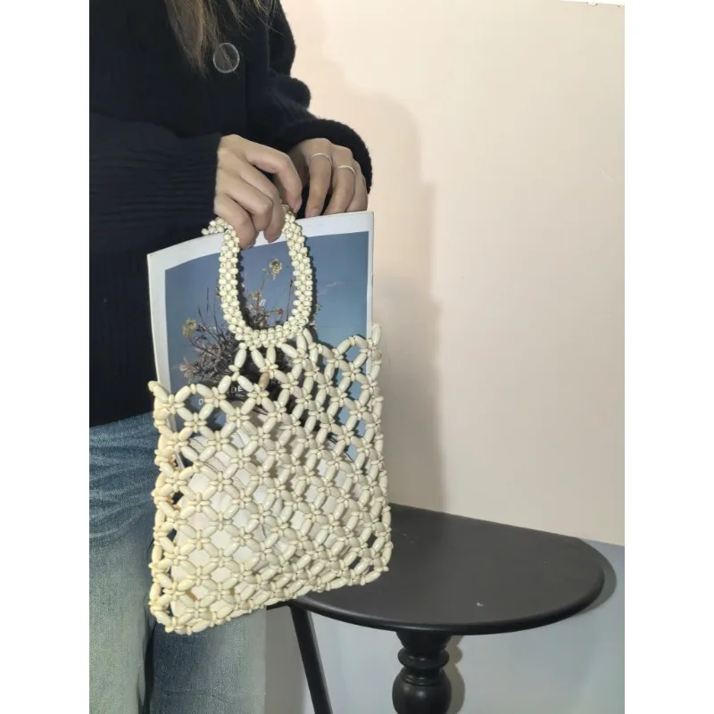 Women Handmade Wooden Bead Bag Hollow Out Woven Tote Fashion Summer Seaside Beach Vacation Shoulder Handbag Ladies Casual Bags