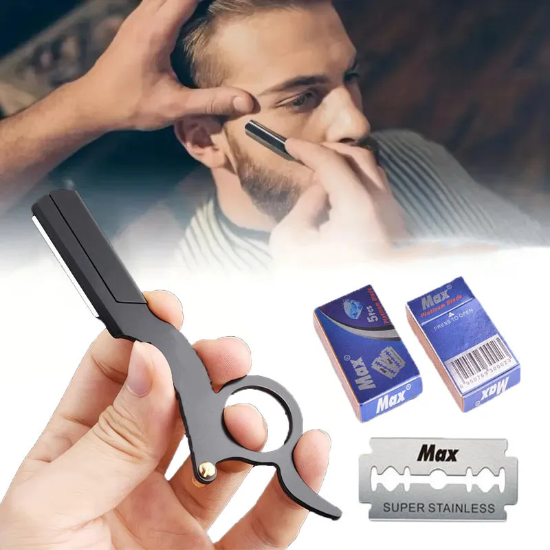 （1+10 blades） Barber Razor Haircut Beard Eyebrow Shaving Tool Manual Depilation Razors Hairdresser Trimming Blades Straight Edge