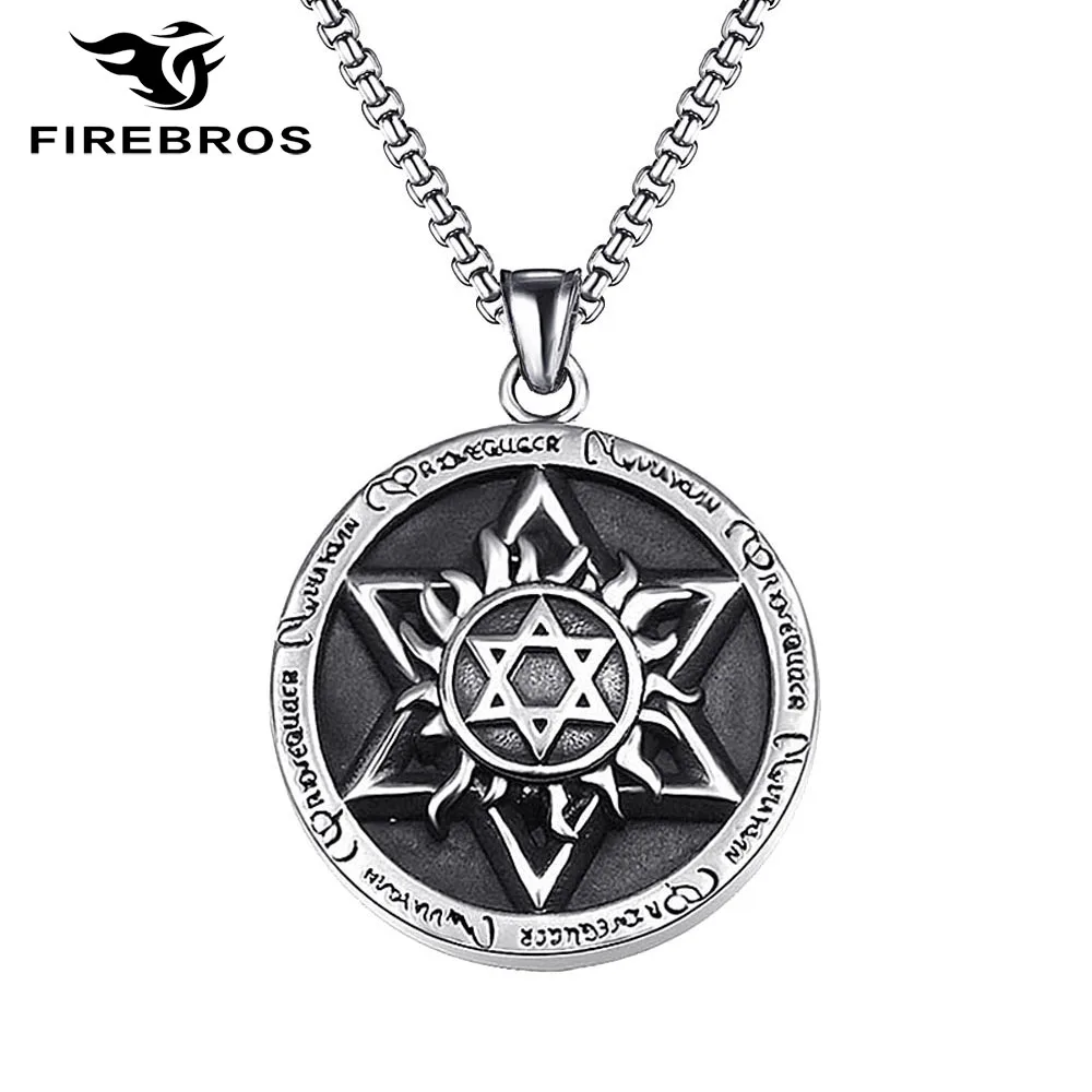 FIREBROS Stainless Steel Round Hexagram Star Of David Pendant Necklace Vintage Men Women Judaism Jewish Religious Jewelry Gift