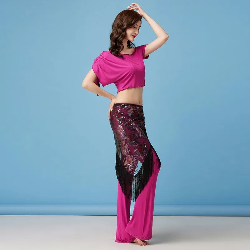 Индивидуальные костюмы для танца живота, модальный свободный комплект брюк с рукавами «летучая мышь» и треугольным шарфом с кисточками, тренировочная одежда для начинающих