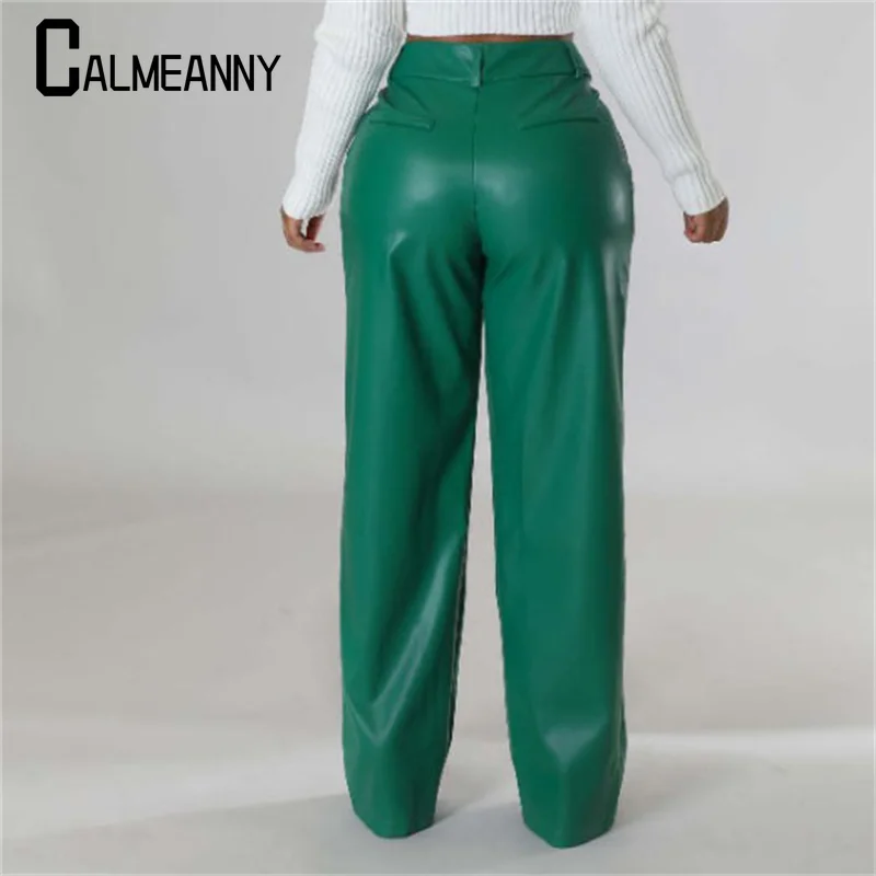 Damskie skórzane spodnie 2025 wiosna jesień nowe jednolite proste codzienne słodkie biurowe eleganckie z wysokim stanem damskie długie szerokie spodnie