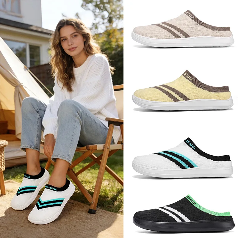 

Breathable Lazy Men and Women One Pedal Striped Casual Non-slip Lightweight Comfortable Casual Couple Flying Woven Slippers