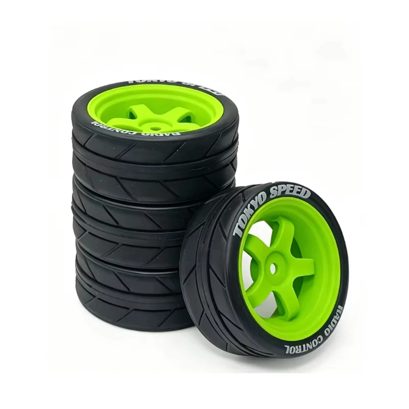 4Pcs 1/10 Scale RC on Road Car Wheels And Tires Set 5-Spoke Plastic Rims with Hard Rubber Tyres for Tamiya TT01 TT02 HSP 94123 S