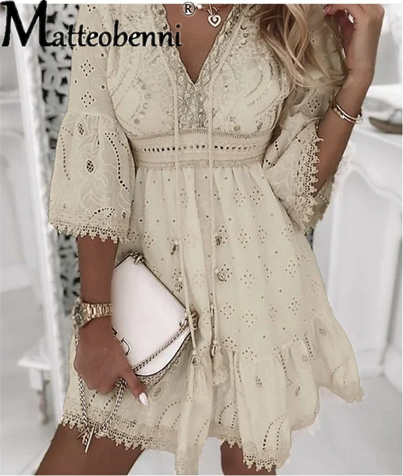 

New Autumn Sexy Lace White Embroidered Women Dress V Neck Hollow Out Elegant Dresses Fashion Sexy Beach Vacation Long Dress 2025