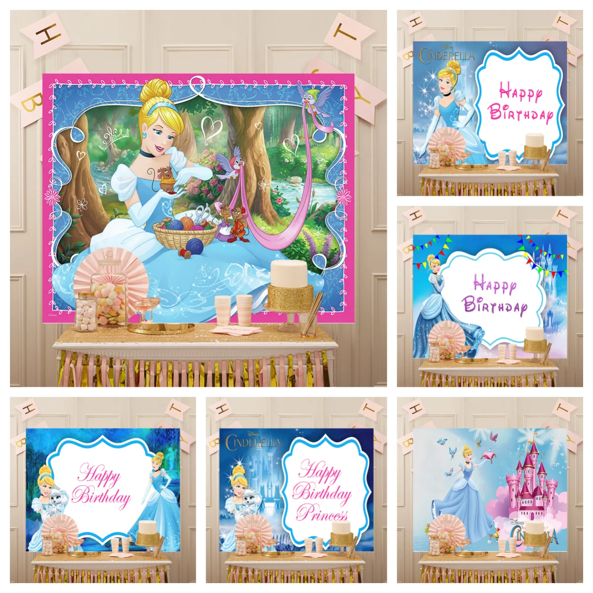 Disney Princess  Baby Shower Photocall Cinderella Banner Blue Dress Blonde Backdrop Girls Birthday Party Decor Photo Background