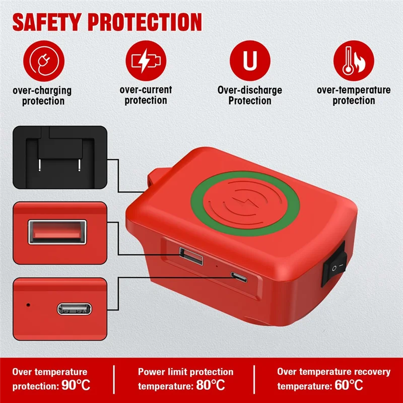 شاحن لاسلكي ABSQ-USB لبطارية ليثيوم M18 18 فولت مع مخرج USB من النوع C