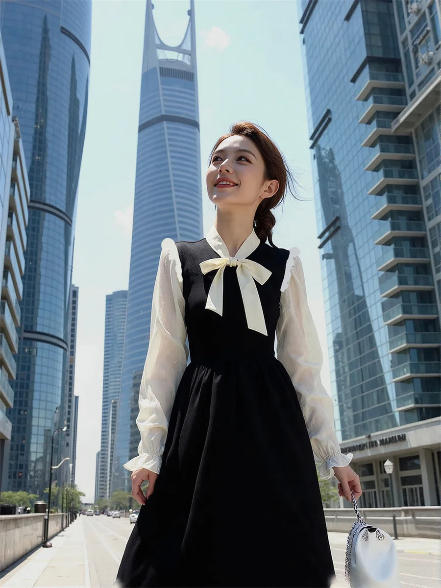 Robe noire pour femmes, coupe régulière, Style Preppy, automne printemps, panneaux transparents, chaîne à volants, tempérament surdimensionné dégradé