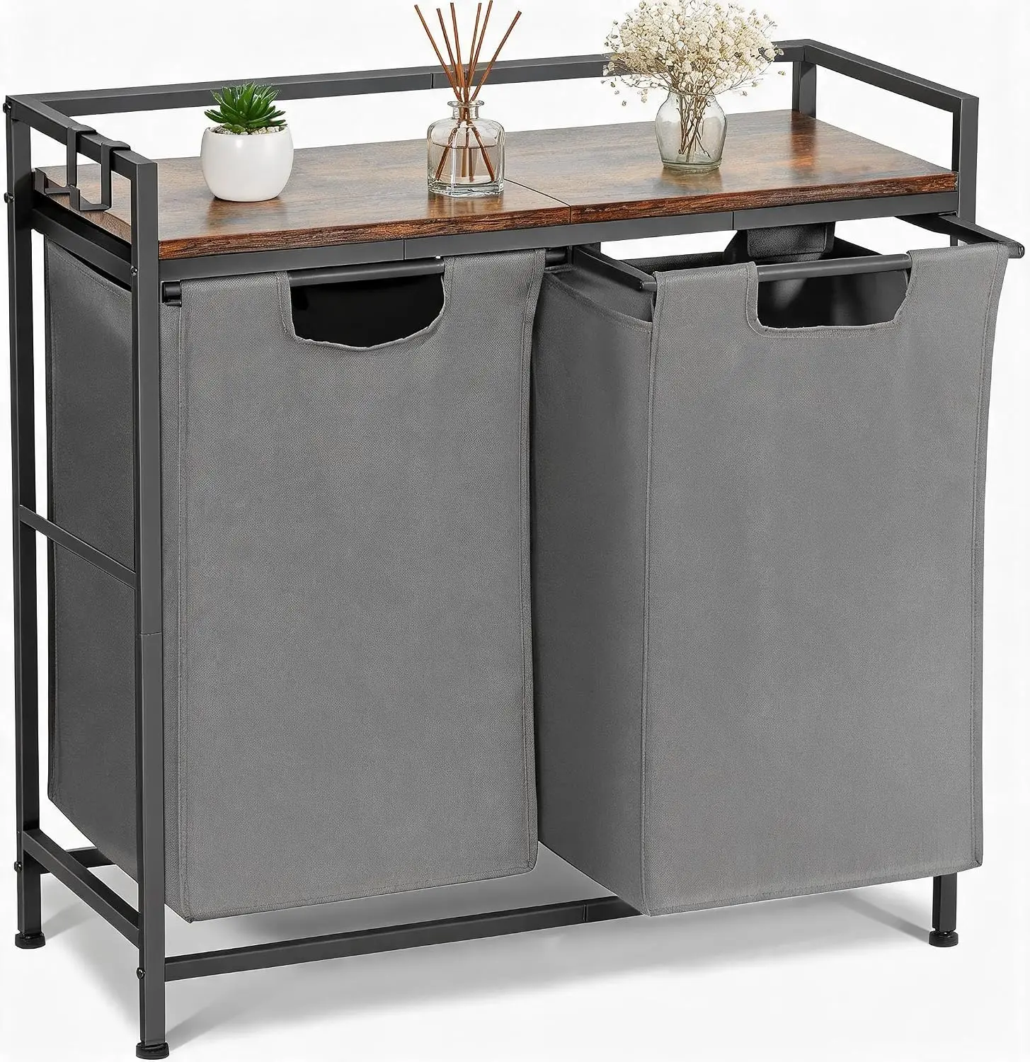 Wäschekorb 2-teilig, 2x46L, 73x30x74cm, Grau, mit Metallrahmen & Holzablage, herausnehmbare Oxford-Säcke, moderner Wäschesammler für Bad und Schlafzimmer