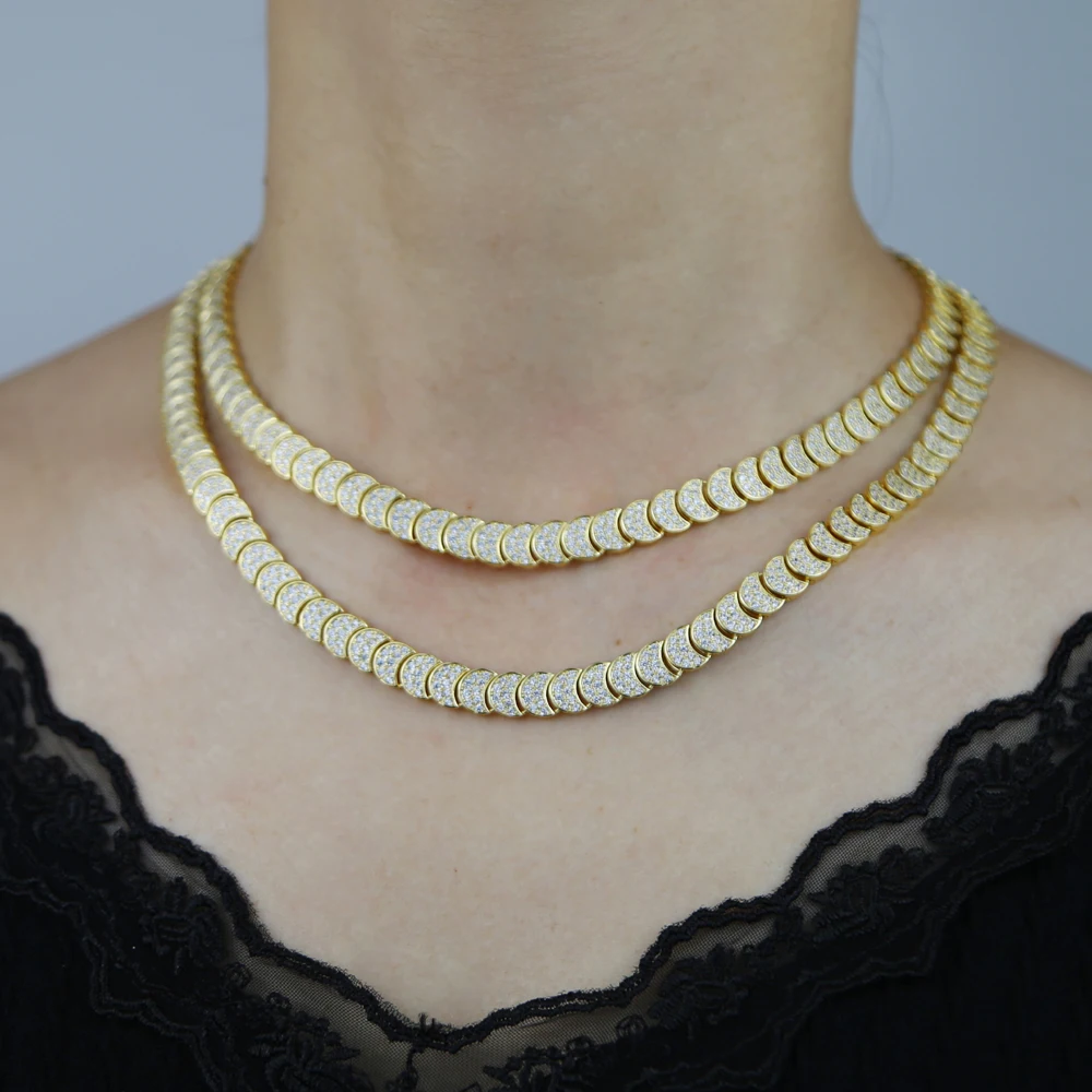 Moon Charm Shaped Chain Bracelet Necklace Gold Color Pave CZ Shiny Polished Fashion European Women Girl Jewelry Set