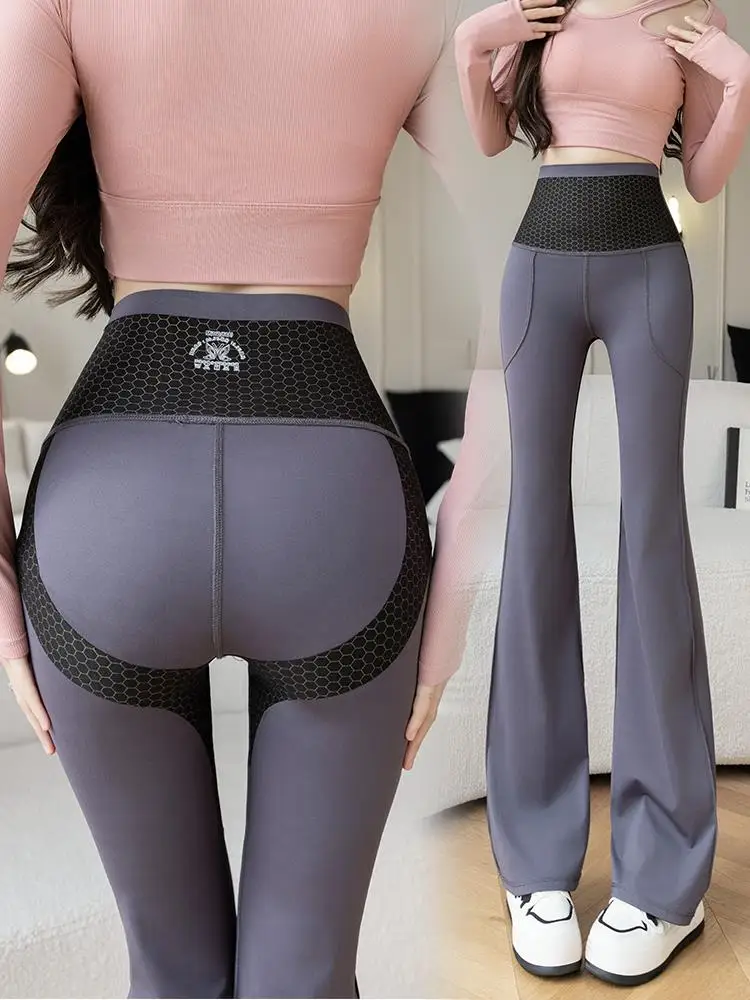 Egmg Women's High Waist Yoga Pants ark Mouth Flared kets Autumn Winter New Outerwear Bot Long Trousers