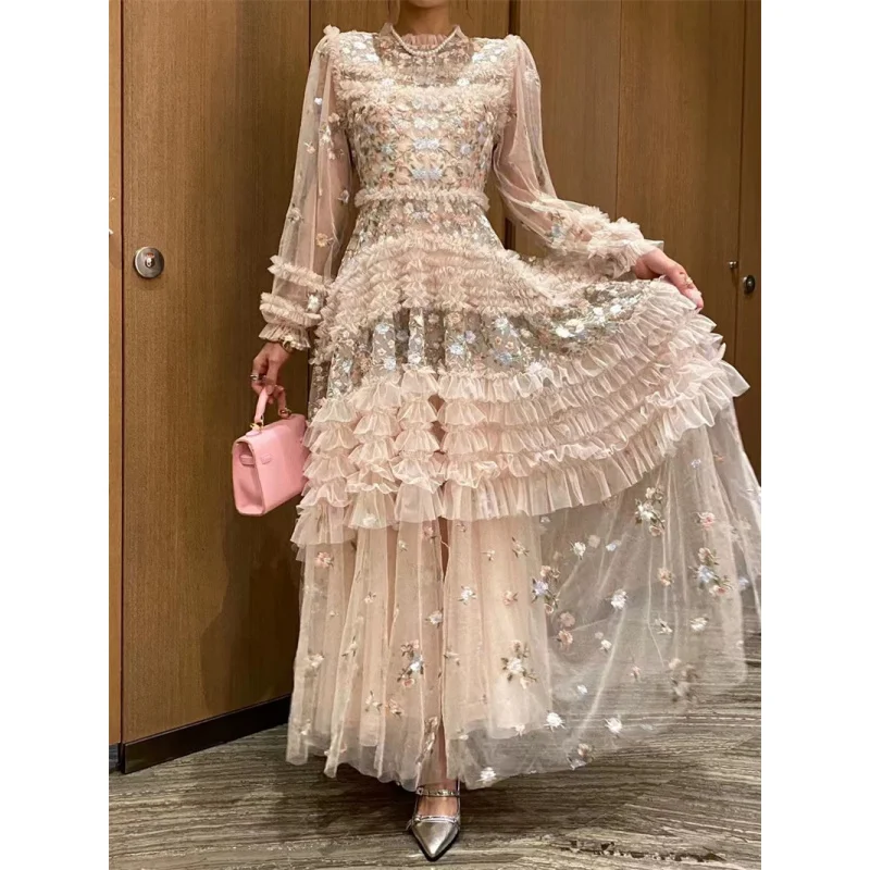 

2025Spring and Summer FARCENT Fantasy Fairy Flower Embroidered Mesh Expandable Dress Long Dress