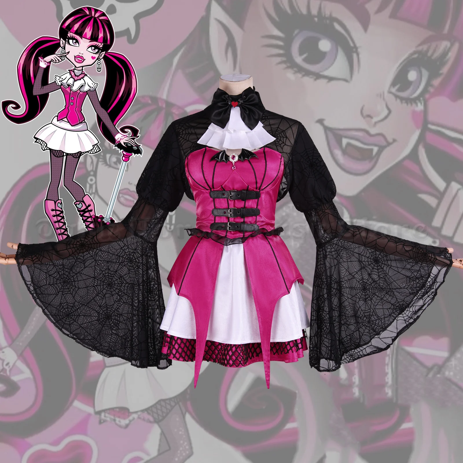 Anime Vampir Draculaura Cosplay Kostüm Gotischer Stil Kurzes Kleid Set Y2K Kleidung Halloween Karneval Party Rollenspiel Uniform