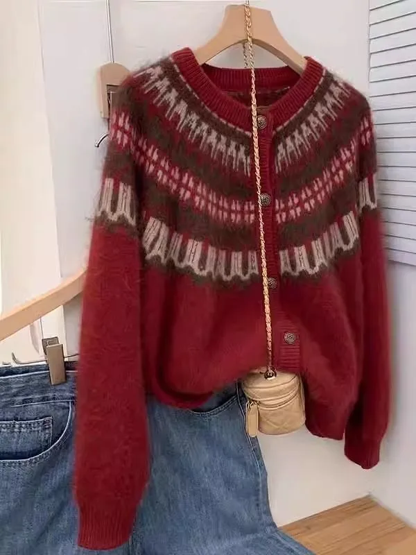 

Extra Large 300 Pou American Fair Isle Red Open Cardigan Sweater ex Spring Autumn Loose Knitted Soft Polyester Fiber