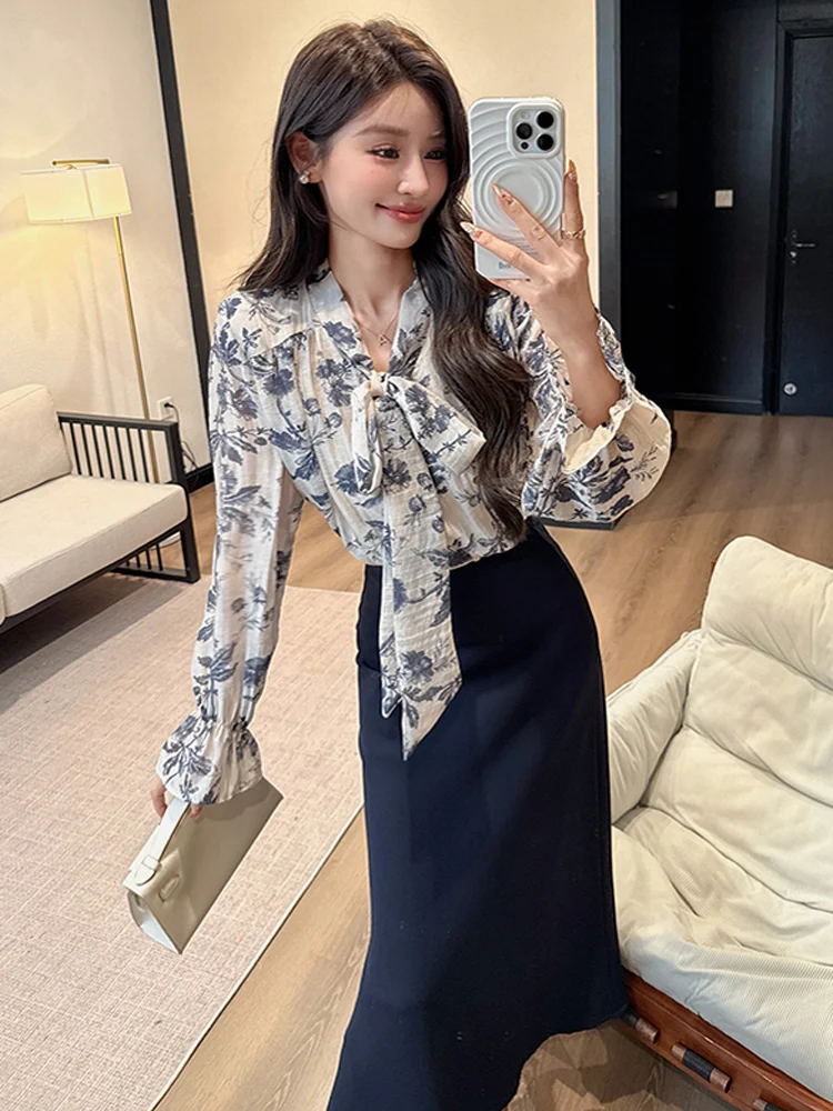 

Spring Fashion Office OL Women Bow Lace Up Floral Print Chiffon Shirt Top + High Waist Midi Skirts 2 Piece Sets Elegant Outfits