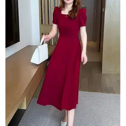 Light Ripe Wind Office Lady Summer Women Vintage Large Size 2024 New Square Neck Puff Sleeve Short Sleeved Sashes Loose Dress