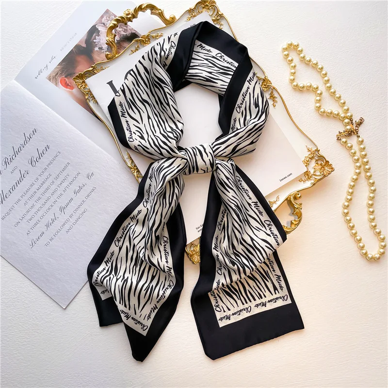 Luxury Letter Print Imitation Silk Scarf Headband Neckerchief Foulard Female Hair Scarfs Neck Tie Lady Skinny Scarves Soft Satin