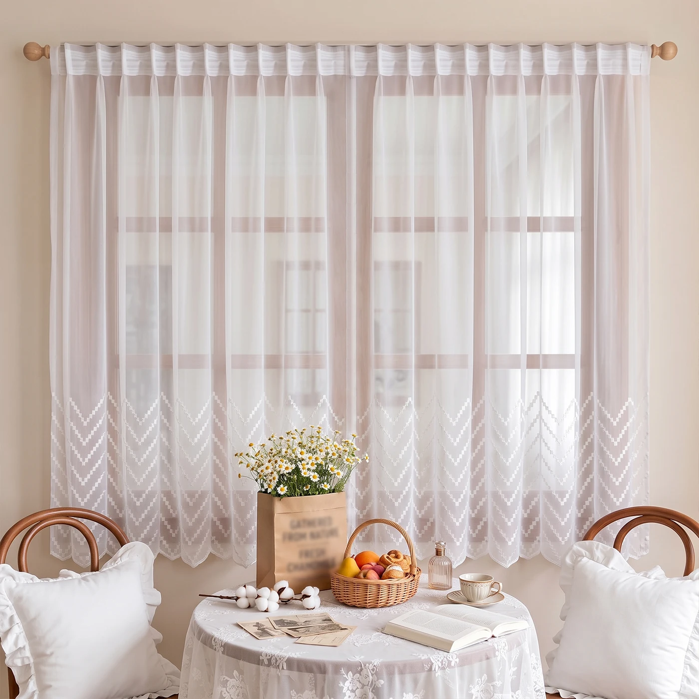 1 Stück weißer, mit Chevron-Muster bestickter, lichtfilternder Chiffon-Vorhang, für Küche und Schlafzimmer, süßes Einweihungsgeschenk