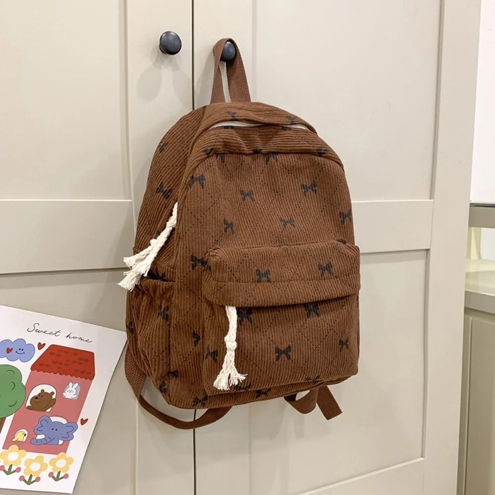 

Fashion Bowknot Printed Women's Backpack Corduroy Large Capacity Book Bags Travel Rucksack Students