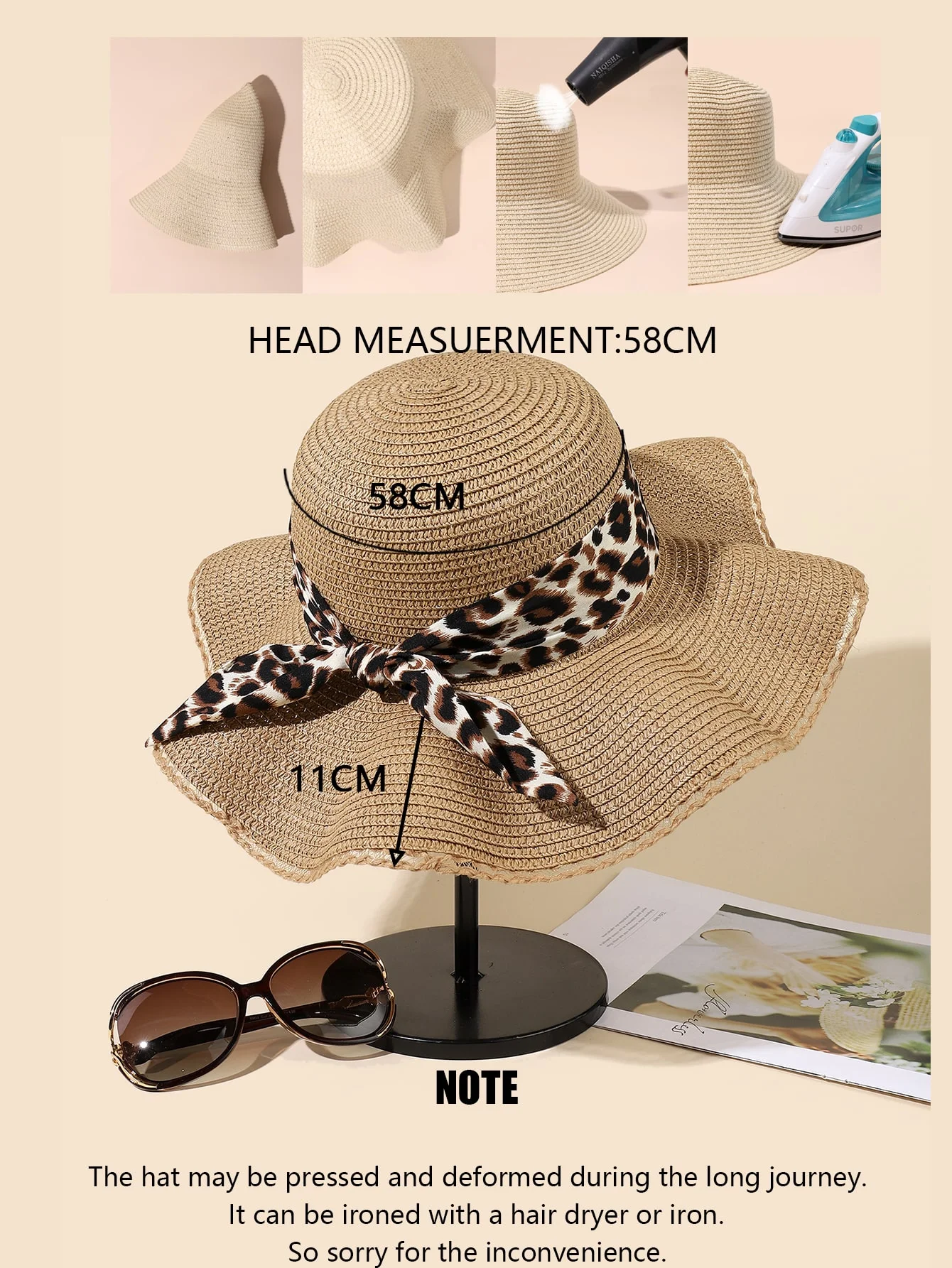 2024 New Women\'s Leopard Pattern Bow Big Eaf Straw Hat with Ribbon Sweet Straw Woven Hat Beach Hat