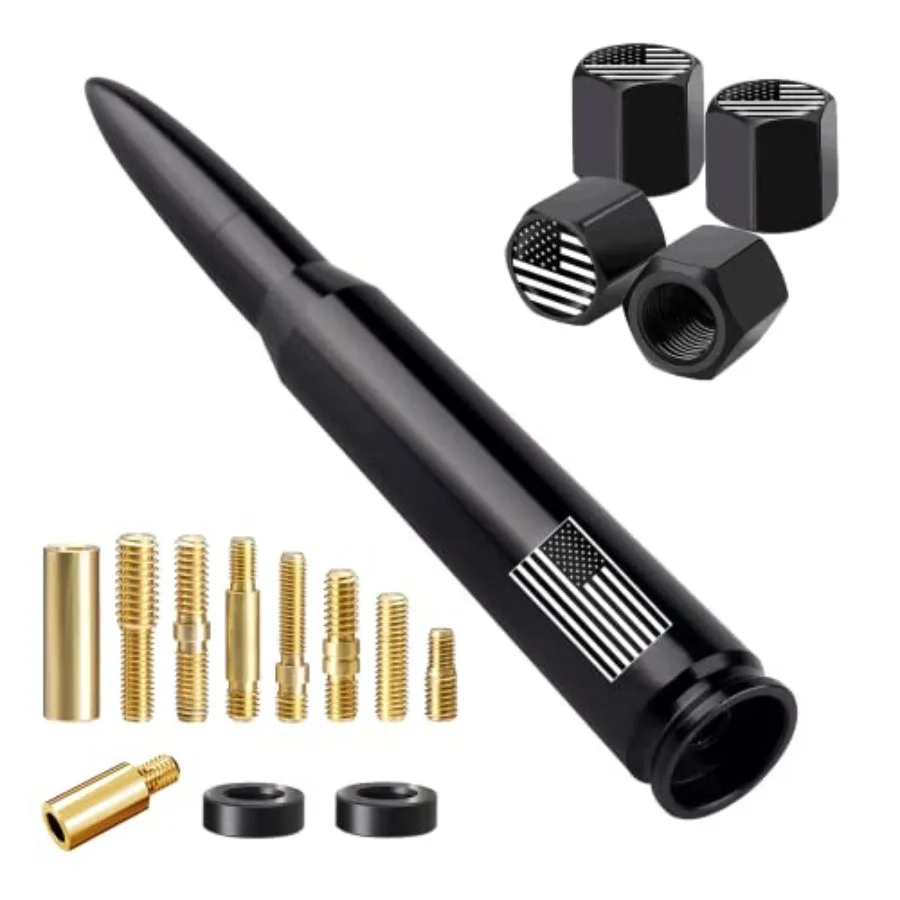 American Flag Car Truck Antenna with Valve Stem Caps, Universal Mast for GM Chevy Silverado 1500 2500 3500 HD Avalanche Ford F1