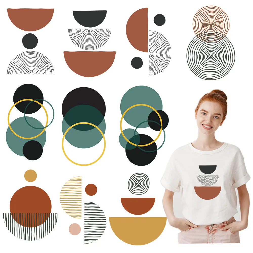 Morandi Color Circle Line Heat Transfer For Clothes Geometry Patches For Girl Garment Semicircle Iron Transfer Diy Appliques New