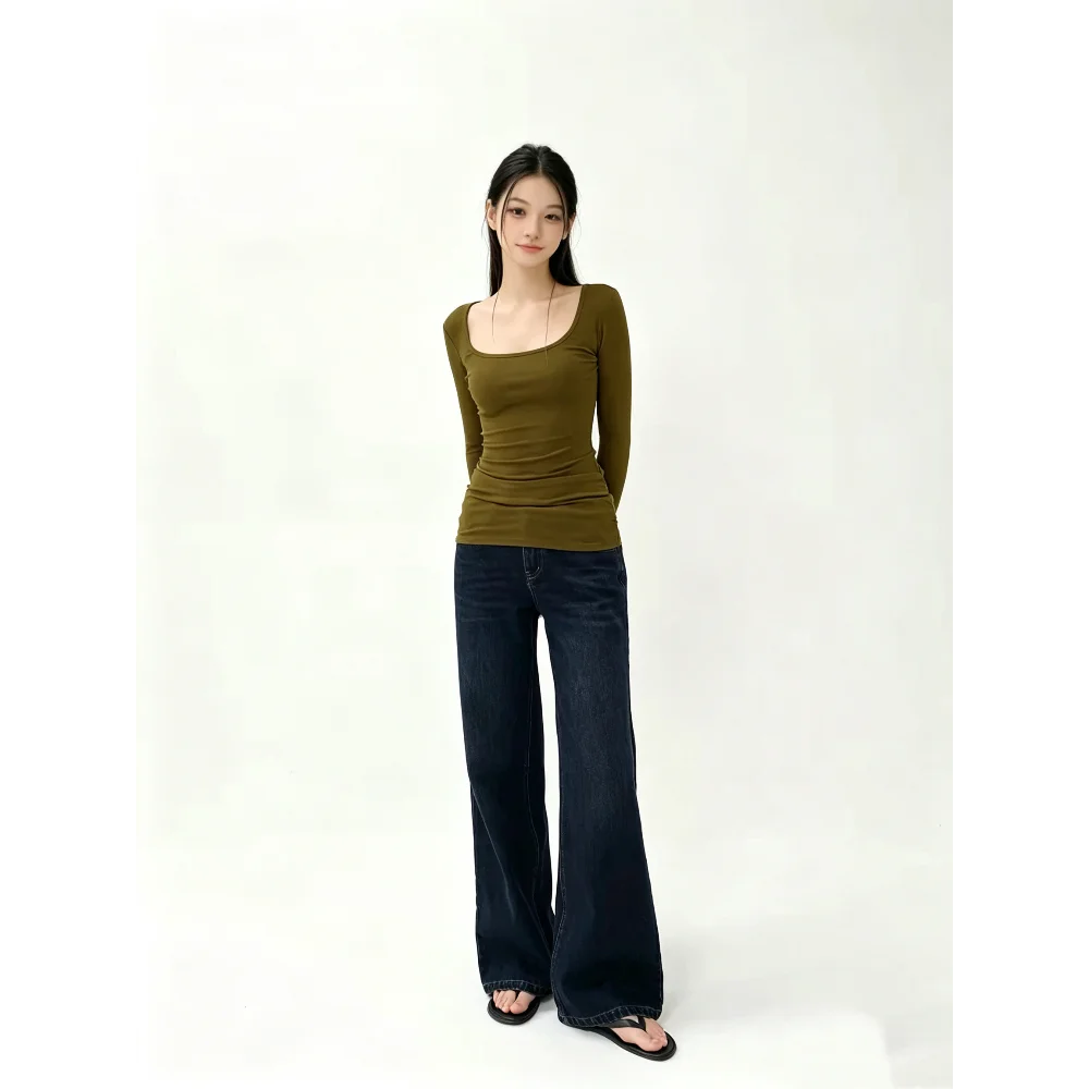 American Hot Girl Slim Fit Basic Long Sleeve T Shirt Women Deep U Neck Ruched Stretch Tee Casual Daily Wear Fashion Solid Color