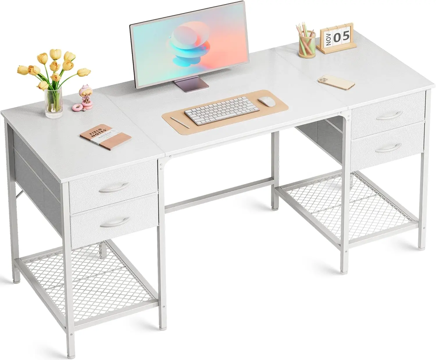 55 Inch Computer Desk with 4 Drawers Gaming Desk, Large Storage, Writing Work for Home Office, Study, Bedroom, Work White