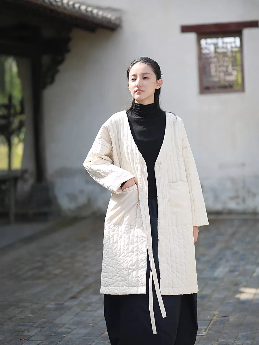 

TIYIHAILEY женская толстая верхняя одежда до колена с длинными рукавами и v-образным вырезом на шнуровке, хлопковая черно-белая теплая куртка с карманами