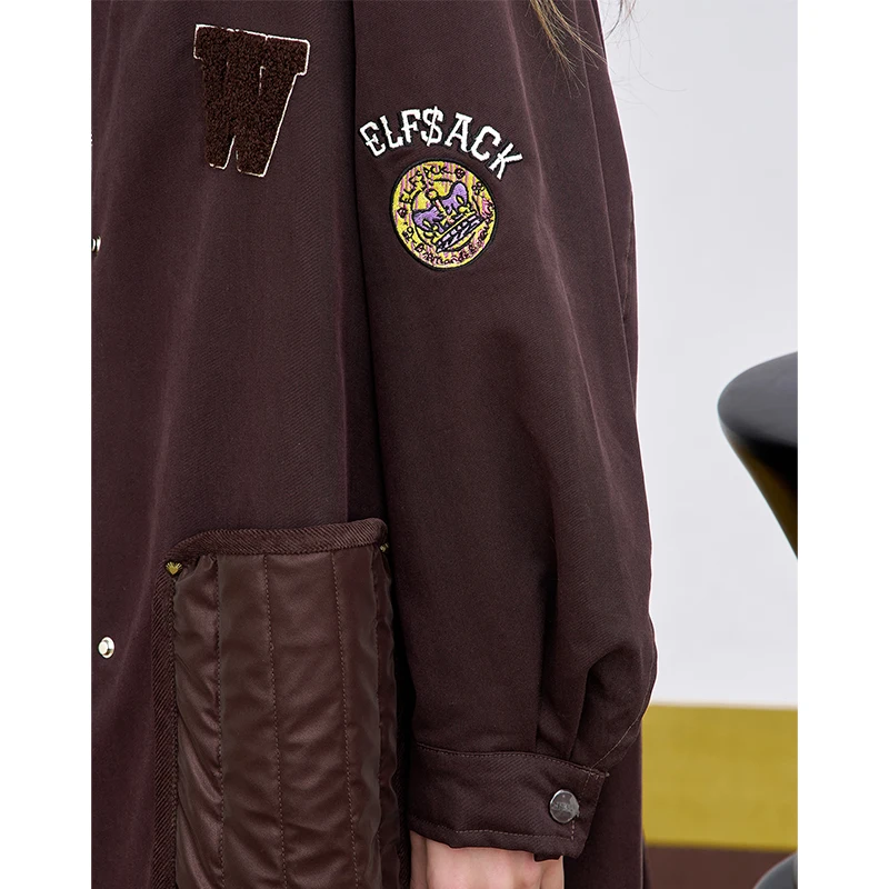 ELFSACK 2025 وصل حديثًا معطف قطني طويل فضفاض برقبة دائرية للنساء