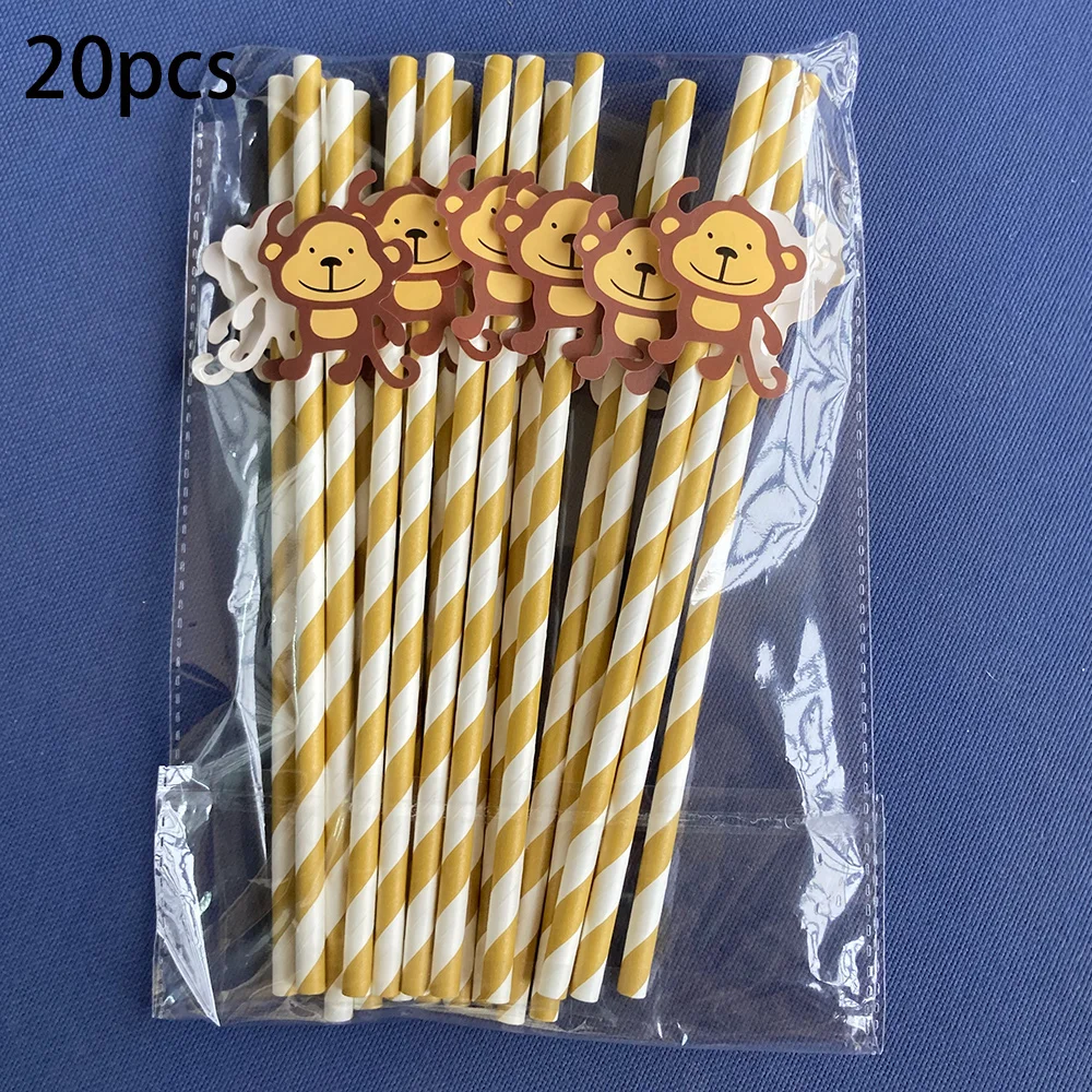 20 Pcs Monkey Patterned Paper Drinking Straws Biodegradable Yellow Straws Disposable Paper Straws MonkeyThemed Party Supplies