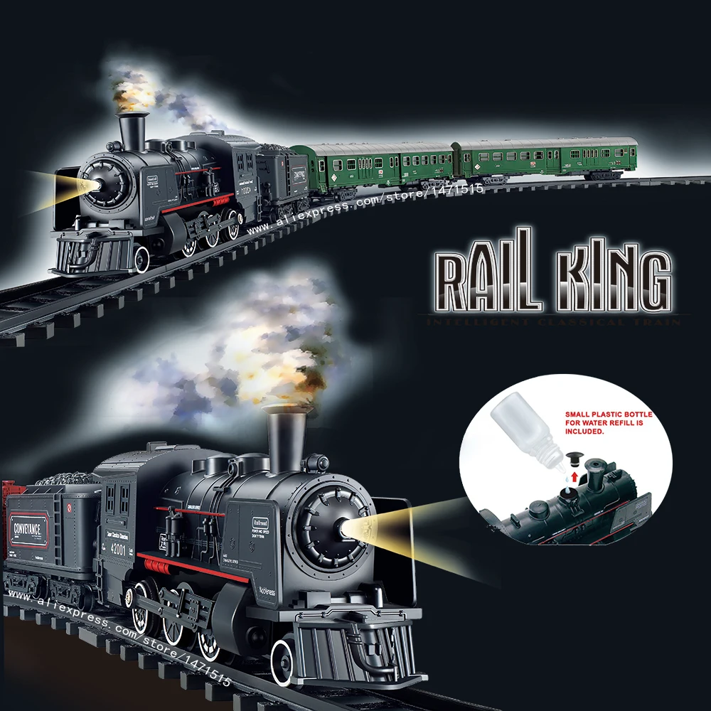 Rei Ferroviário Elétrico Clássico Trem De Passageiros, Simulação Locomotiva a Vapor De Água, Playset, Bateria, Som De Fumaça