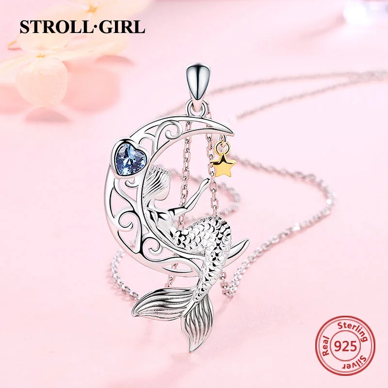 

Strollgirl 925 Sterling Silver Beauty Mermaid Pendant Chain Blue Zircon Moon Star Necklace for Women Fashion 2020 Jewelry Gift