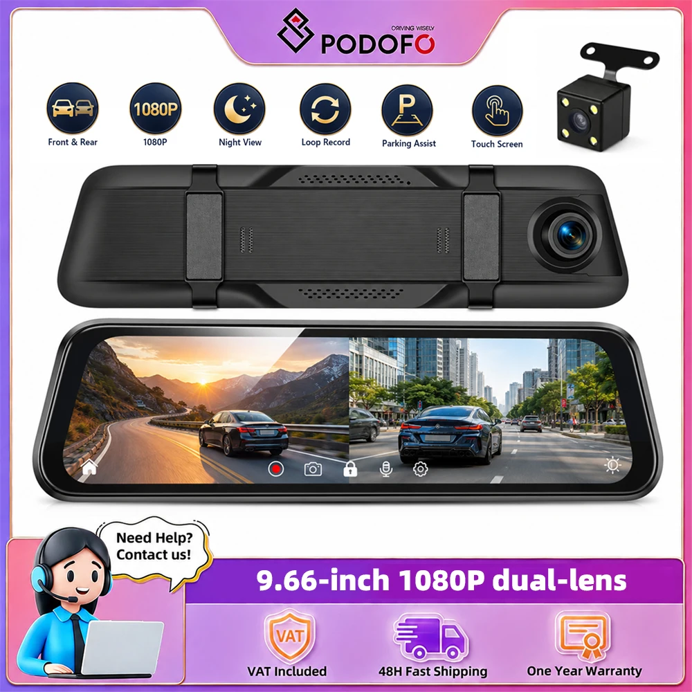 Podofo 9,66 Zoll Auto-DVR Autokamera 1080P Auto-Blackbox Dashcam Dual-Linsen-Fahrtenschreiber mit 480P Rückfahrkamera