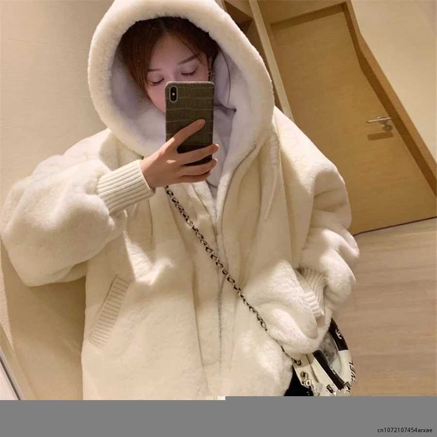 Imitation Lambwool Outwear Top White Coat Warm Furry Overcoat Casual Winter Hooded Faux Rabbit Fur Plush Women Jacket