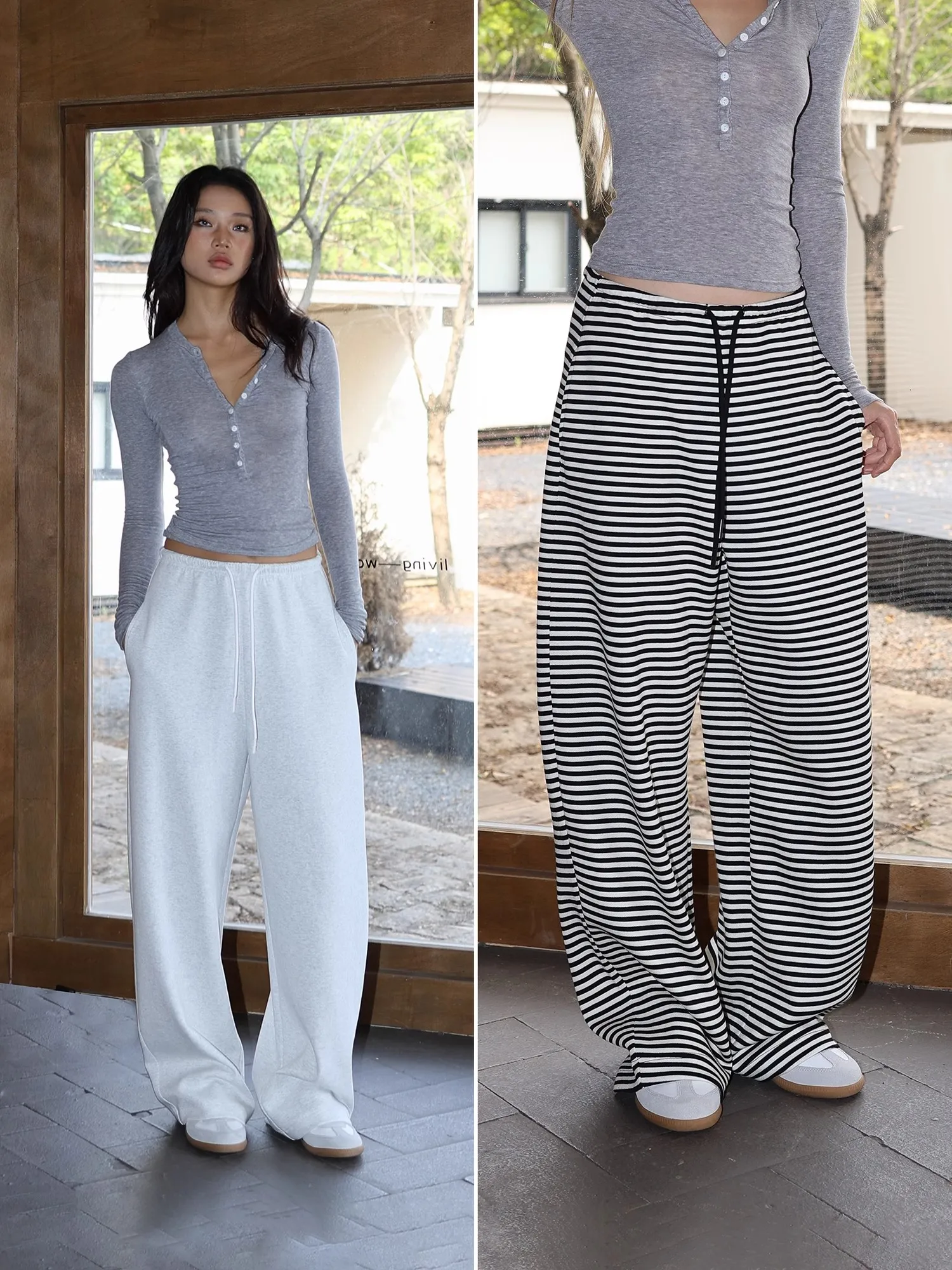 

Korean Casual Women's Stripe Wide Leg Pants Fashion Sporty Drawstring Loose High Waist Trousers Female