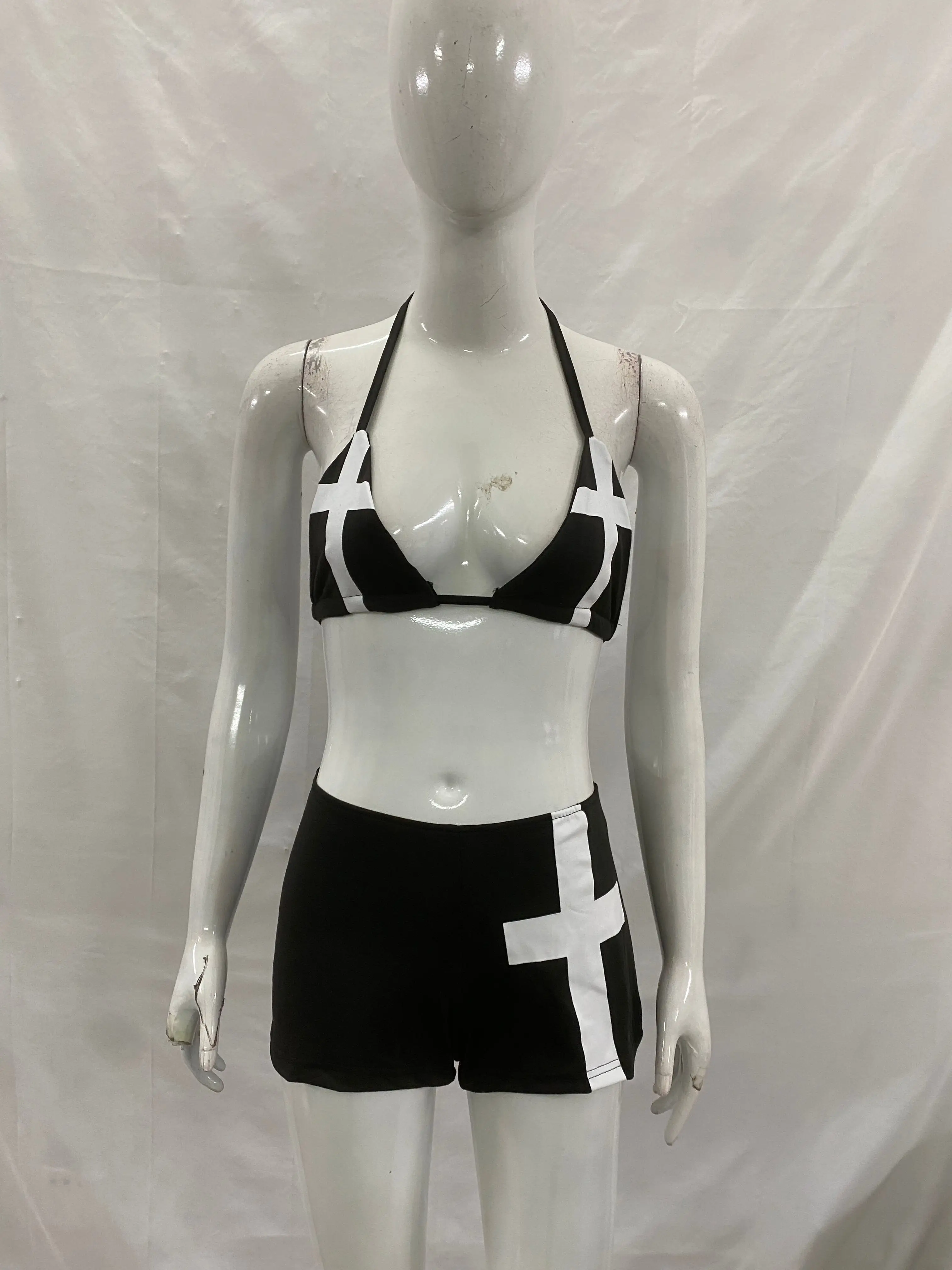 Y2K Two Piece Bikini Set Cross Print Triangle Halter Tie Top Shorts Separated Swimwear Women Punk Beach Pool Vacation Outfit