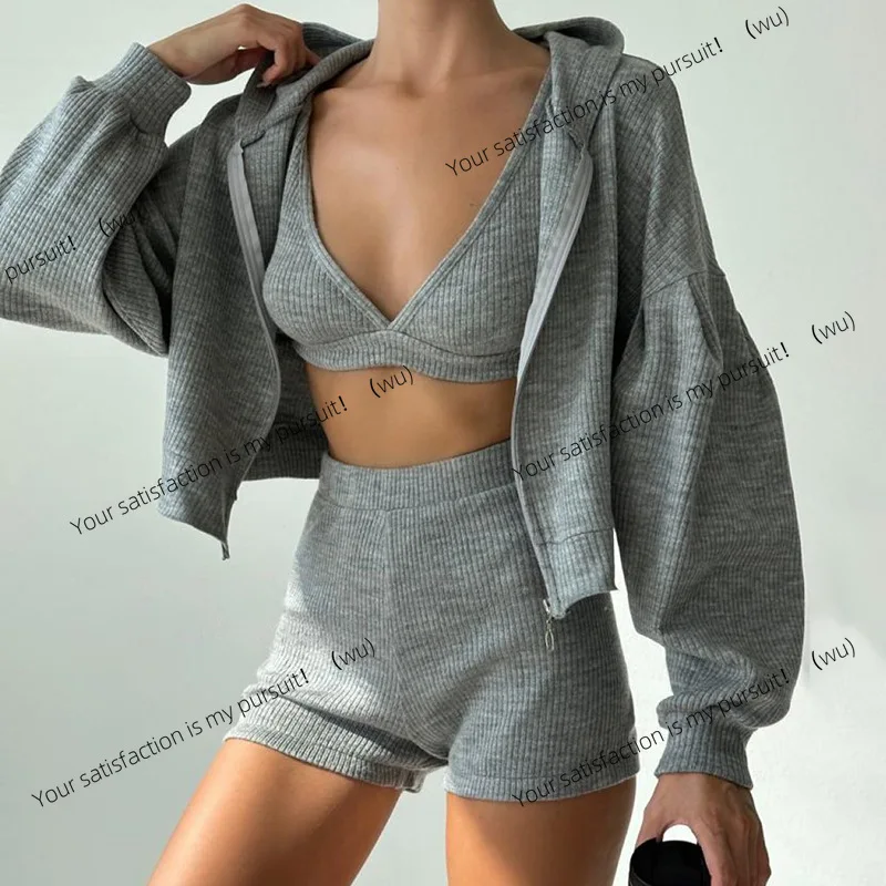 

Solid color knitted hooded cardigan V-neck corset high waist tight shorts three-piece set
