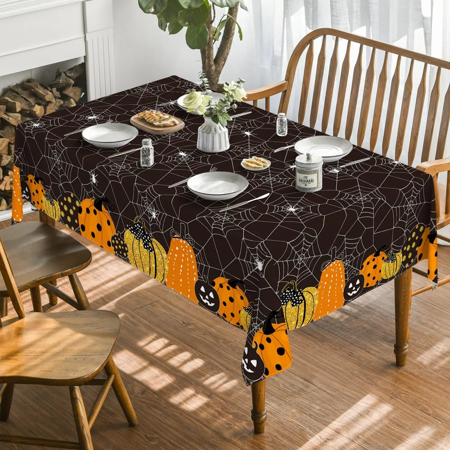 Halloween Pumpkin Cobweb Scary Themed Black Rectangle Tablecloth Dining Room Decor Waterproof Tablecloth for Table Party Supply