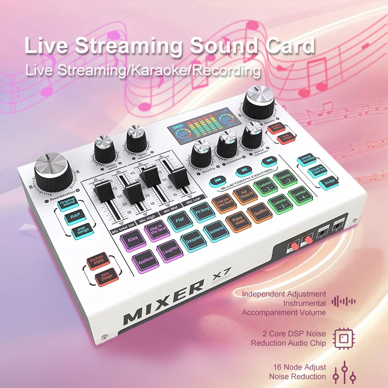 

X7 Live Sound Card Voice Changer DJ Mixer Live Audio Mixer For PC Streaming Smartphone Computer Audio Interface Console Card