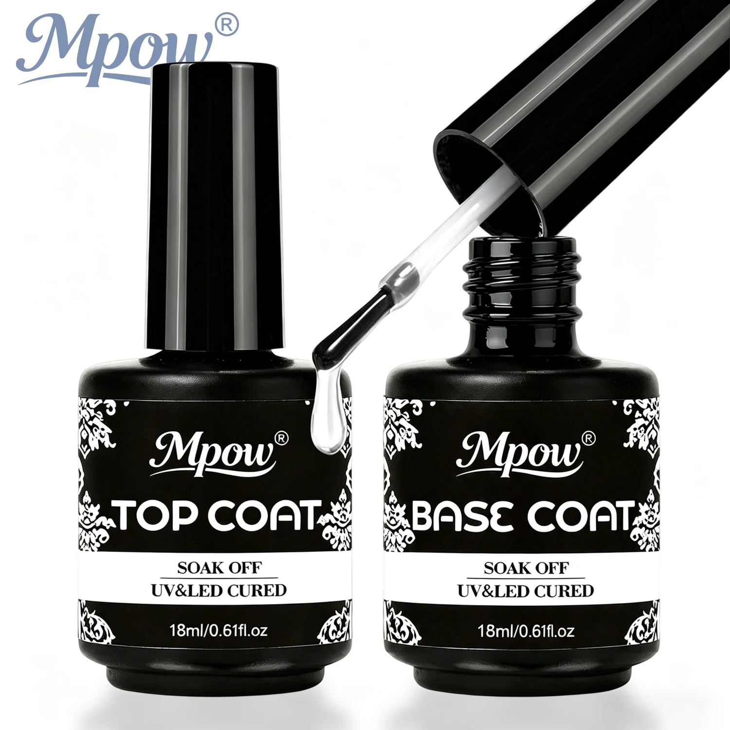 Mpow 1/2 Pcs 18ml Base Coat & Top Coat Gel Nail Polish Set Soak Off UV LED Semi Permanent Nail Art Manicure Functional Tool
