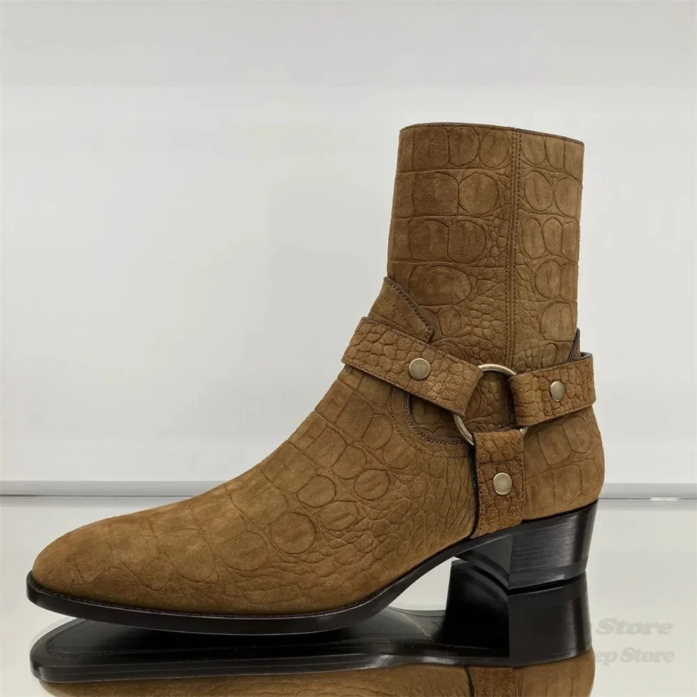 

New Brown Embossed Leather Men Boot Pointed Toe Side Zipper Fashion Middle Heel 4Cm Chelsea Boots Trendy Chunky Heel Ankle Boot