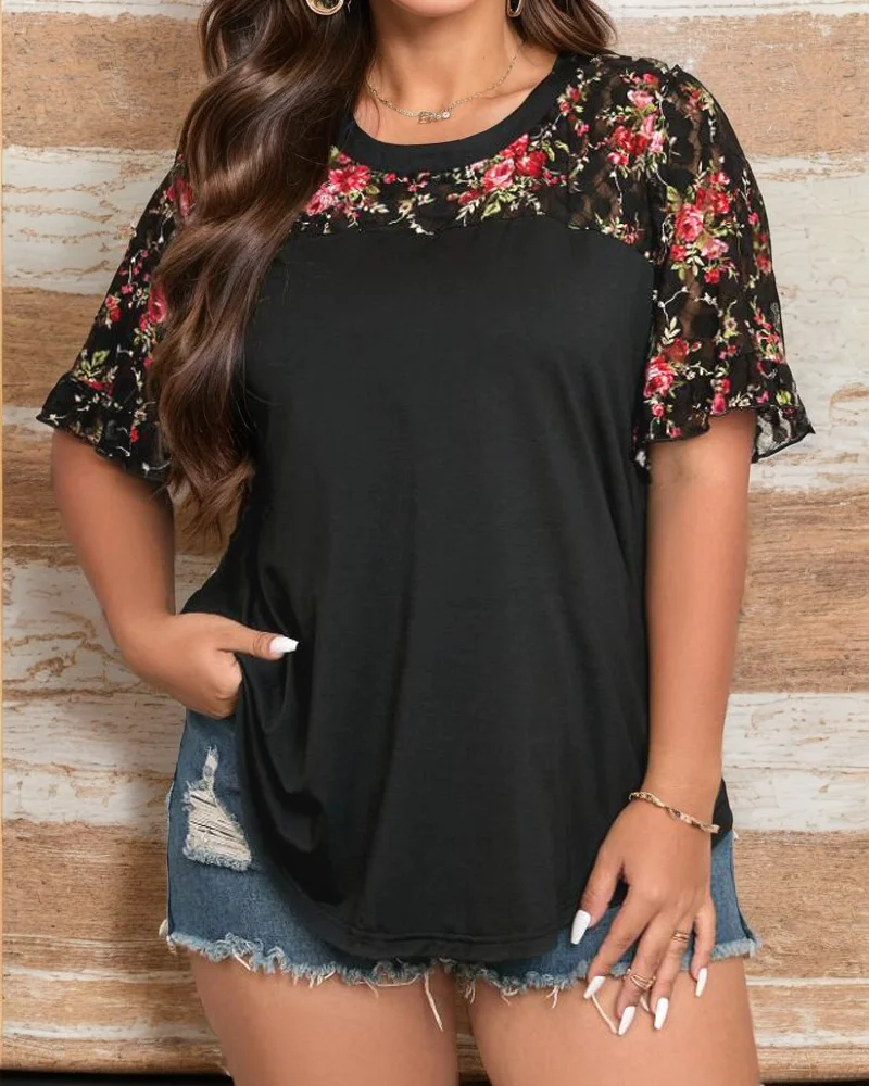 Plus Size Cross Border New Women's Casual V-neck Printed Round Neck T-shirt