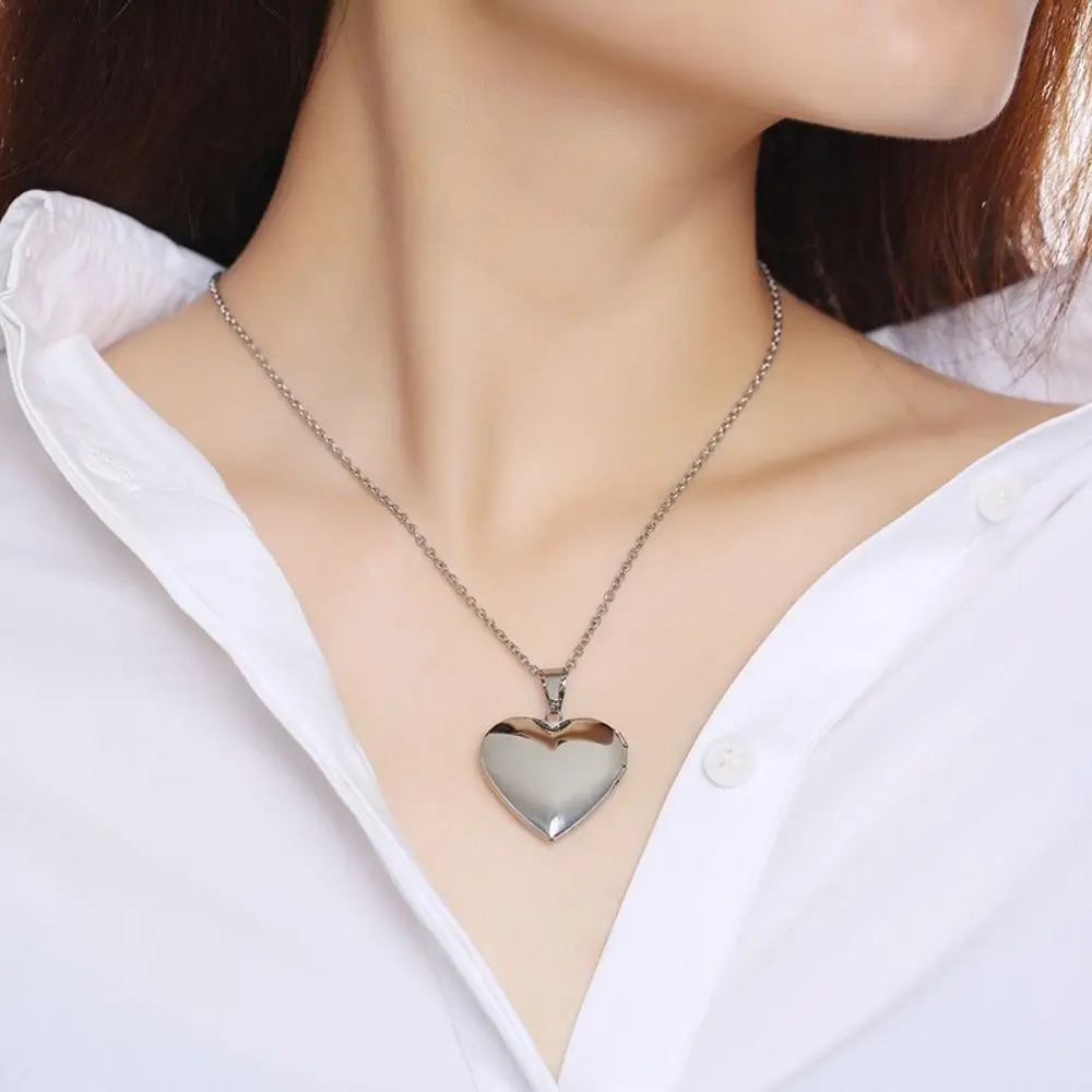 Romantic Love Heart Locket Pendant Necklaces For Women Silver Color Stainless Steel Photo Frame Promise Jewelry Chokers Gift